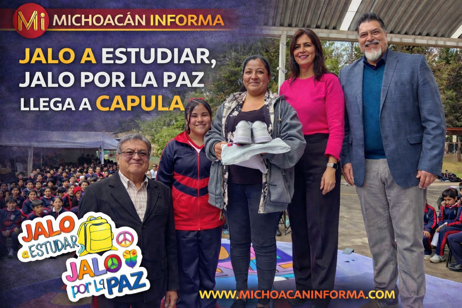 Autoridades estatales y comunidad escolar participan en el programa “Jalo a estudiar, jalo por la paz” durante su llegada a Capula, Michoacán, como parte de una estrategia para fomentar la educación y la convivencia pacífica entre estudiantes.