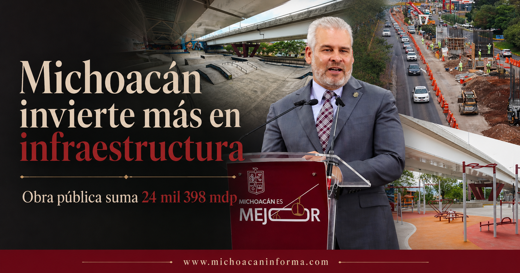 Obra pública en Michoacán con inversión estatal de 24 mil 398 millones de pesos en infraestructura.